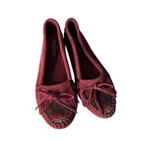 Minnetonka Kilty Burgundy Moccasin Loafer Arizona Fabric Toe Size 8.5